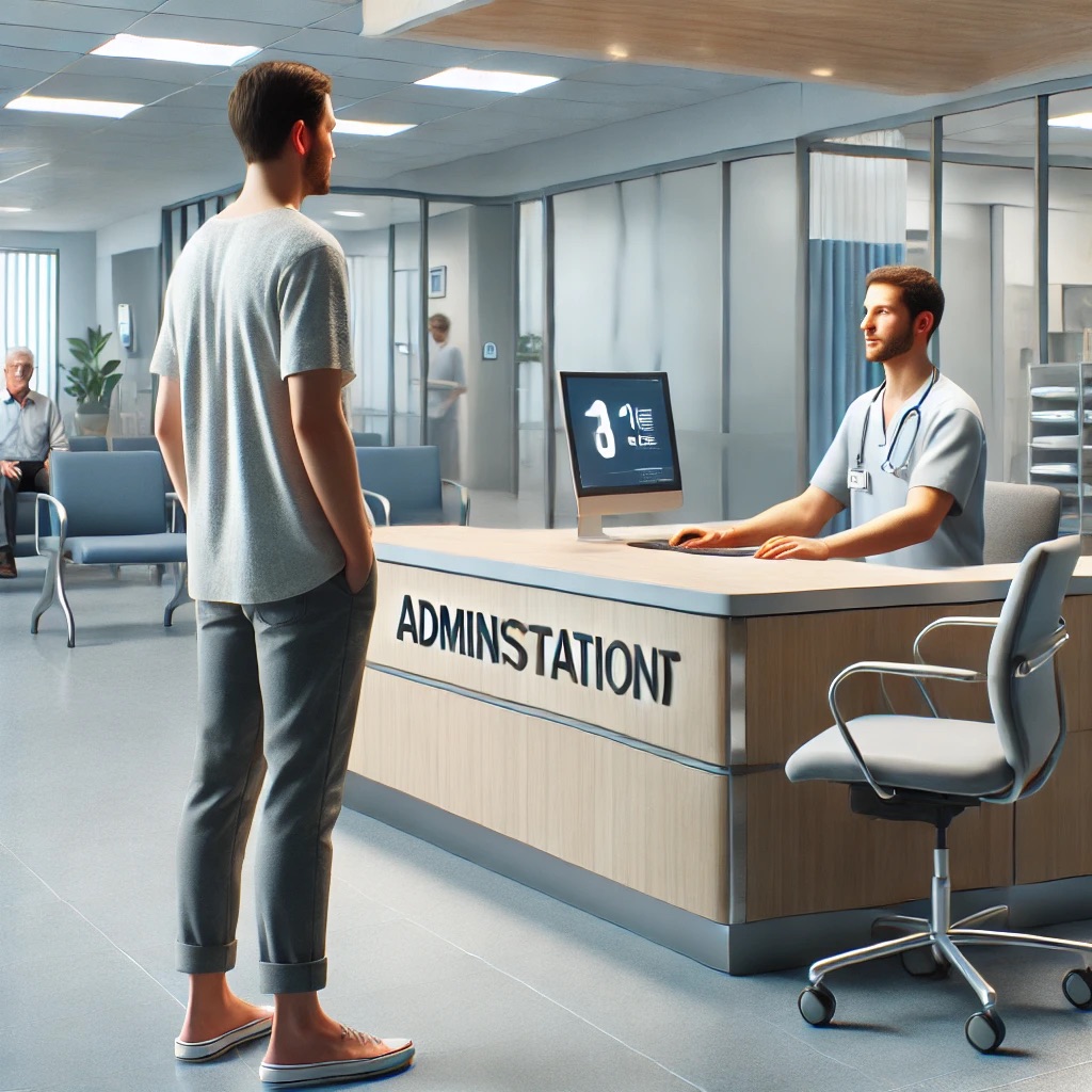 A highly realistic image of a patient standing in front of a hospital administrative assistant at the administration desk